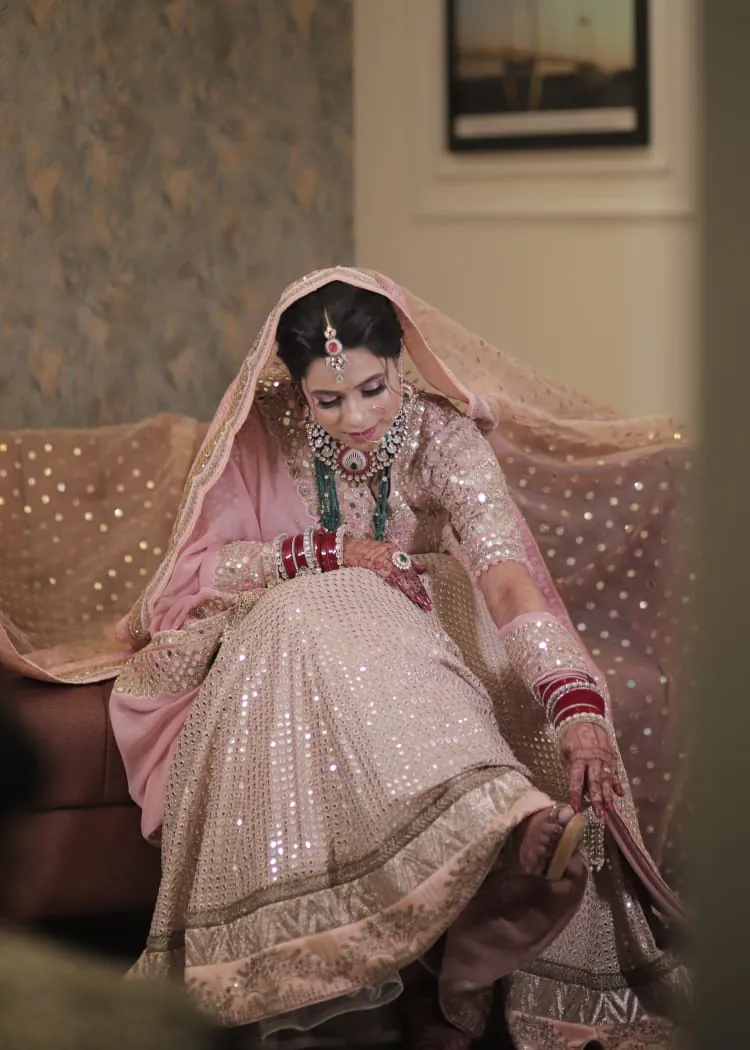 Bride in lehenga, fine-art wedding portrait Prayagraj